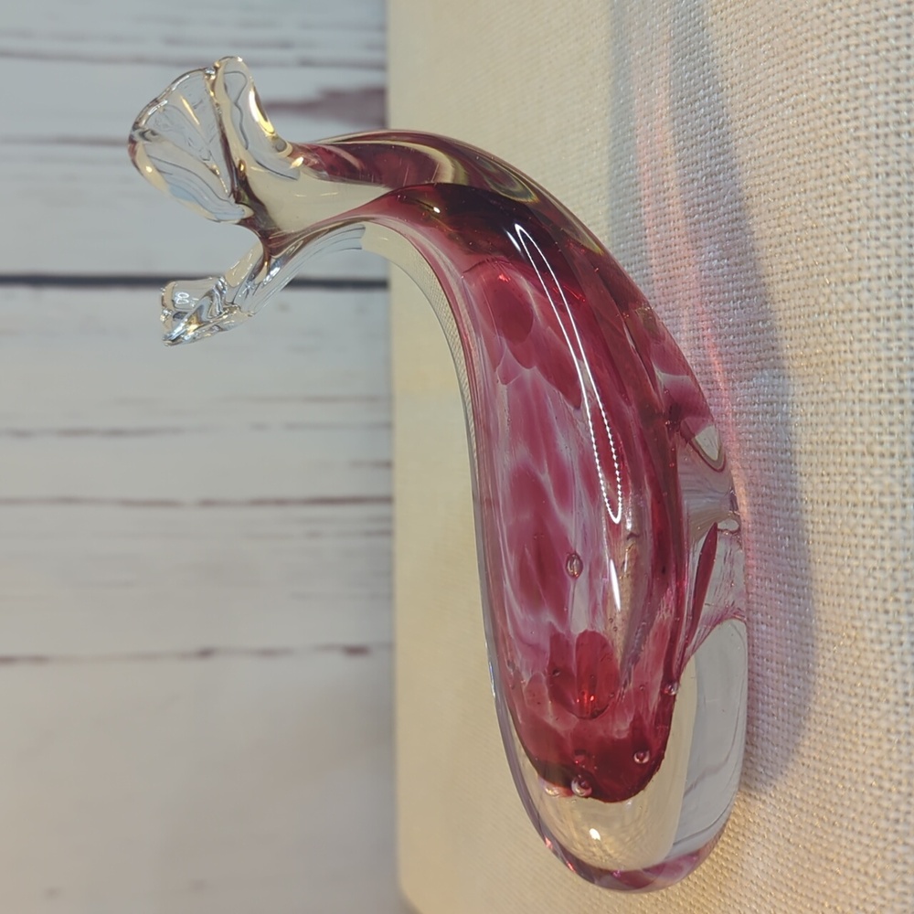 Murano Style Glass Signed Corcoran Whale‎ Clear Cranberry Paperweight Figurine - Picture 2 of 15